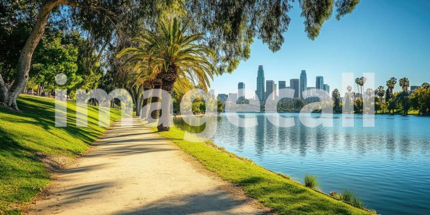 Urban Oasis: A tranquil lakeside path winds through a lush park, offering a serene escape from the bustling cityscape beyond, with the iconic Los Angeles skyline as a breathtaking backdrop