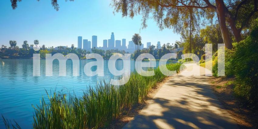 Urban Oasis: A tranquil lakeside path winds through a lush park, offering a serene escape from the bustling cityscape beyond, with the iconic Los Angeles skyline as a breathtaking backdrop
