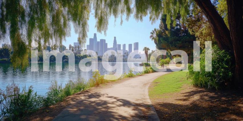 Urban Oasis: A tranquil lakeside path winds through a lush park, offering a serene escape from the bustling cityscape beyond, with the iconic Los Angeles skyline as a breathtaking backdrop