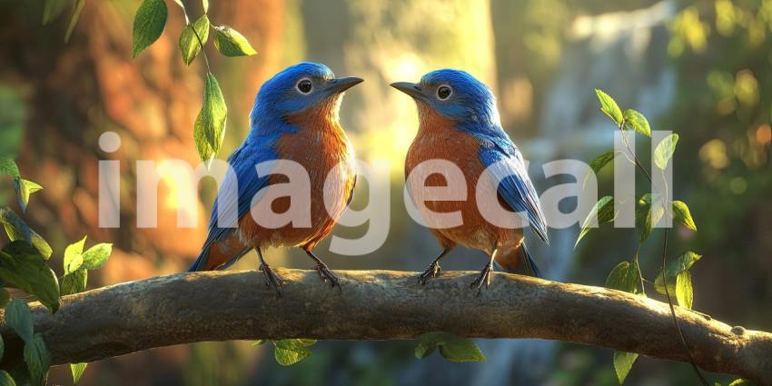 A Love Song in Blue: Two vibrant bluebirds, perched side-by-side on a branch, exchange a tender gaze, their vibrant plumage a testament to the beauty of nature