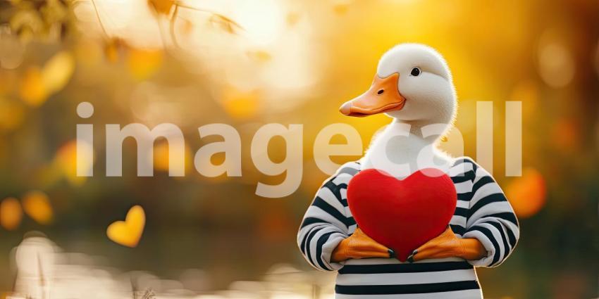 A Heartfelt Quack: A fluffy duck, sporting a striped sweater, holds a heart close to its chest, spreading a message of love and warmth