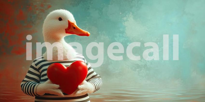 A Heartfelt Quack: A fluffy duck, sporting a striped sweater, holds a heart close to its chest, spreading a message of love and warmth