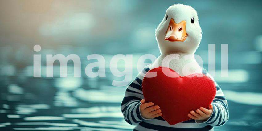 A Heartfelt Quack: A fluffy duck, sporting a striped sweater, holds a heart close to its chest, spreading a message of love and warmth