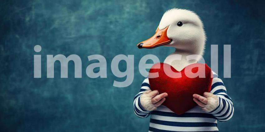 A Heartfelt Quack: A fluffy duck, sporting a striped sweater, holds a heart close to its chest, spreading a message of love and warmth
