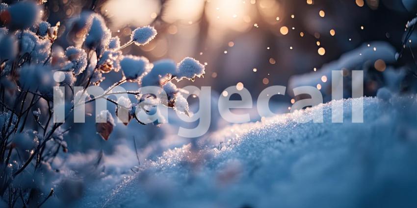 Winter's Embrace: Sunlight Filtering Through Snow-Dusted Branches in a Magical Winter Scene
