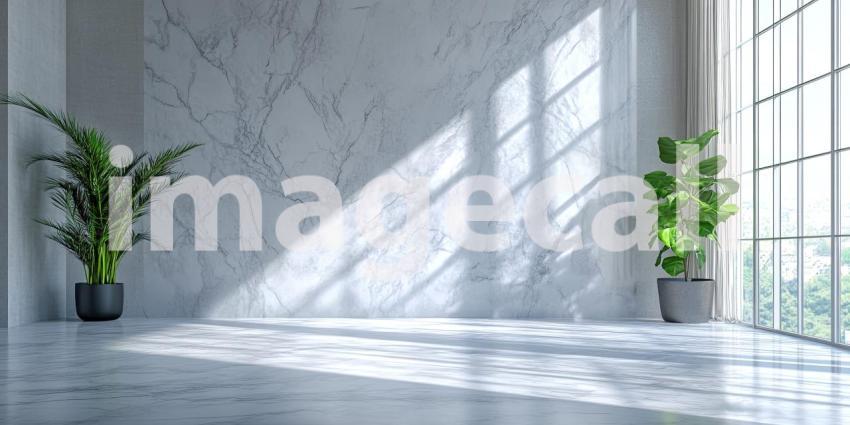 Minimalist Interior Design with Marble Accent Wall and Natural Light
