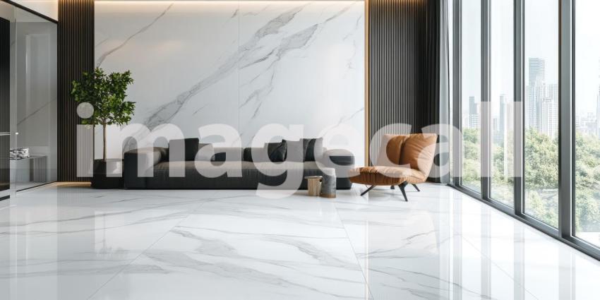 Minimalist Interior Design with Marble Accent Wall and Natural Light