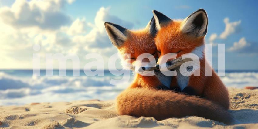 Coastal Dreams: Two Fox Kits Napping on the Beach