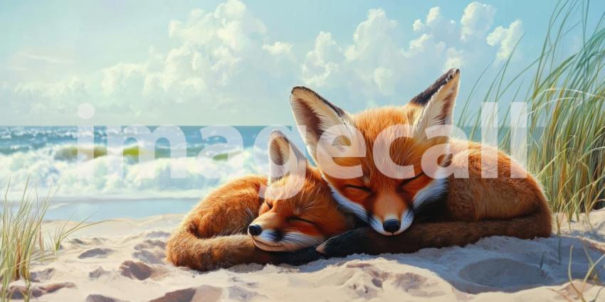 Coastal Dreams: Two Fox Kits Napping on the Beach