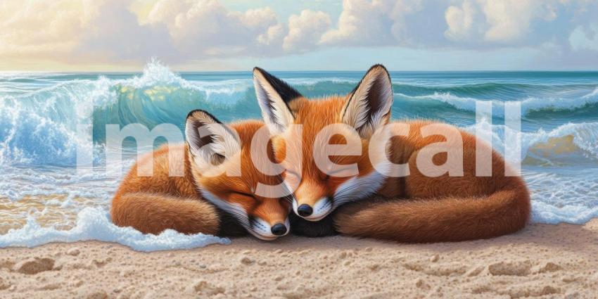 Coastal Dreams: Two Fox Kits Napping on the Beach