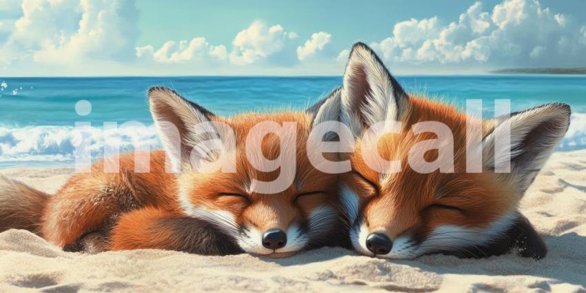 Coastal Dreams: Two Fox Kits Napping on the Beach