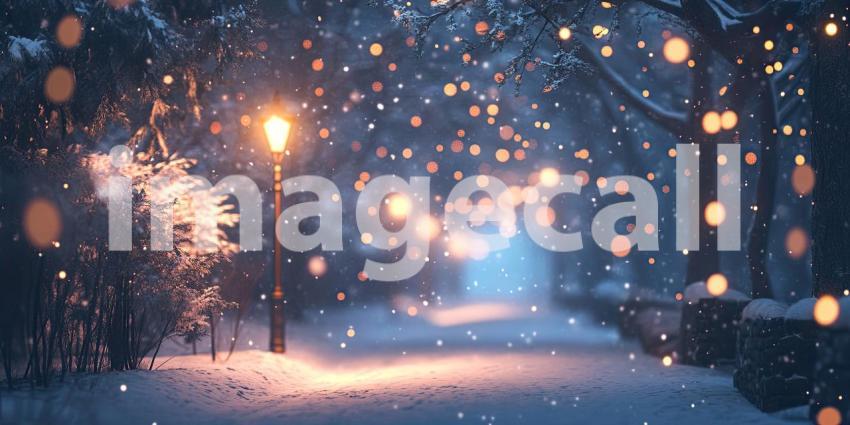 Enchanting Winter Scene with Twinkling Lights and Snow-Dusted Branches
