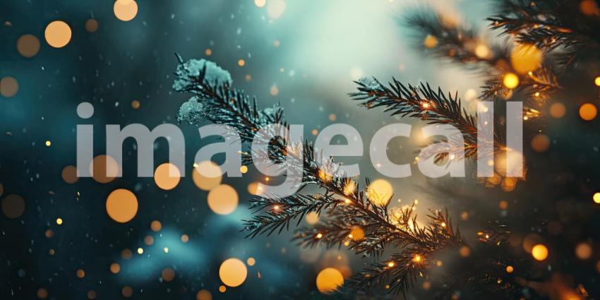 Enchanting Winter Scene with Twinkling Lights and Snow-Dusted Branches