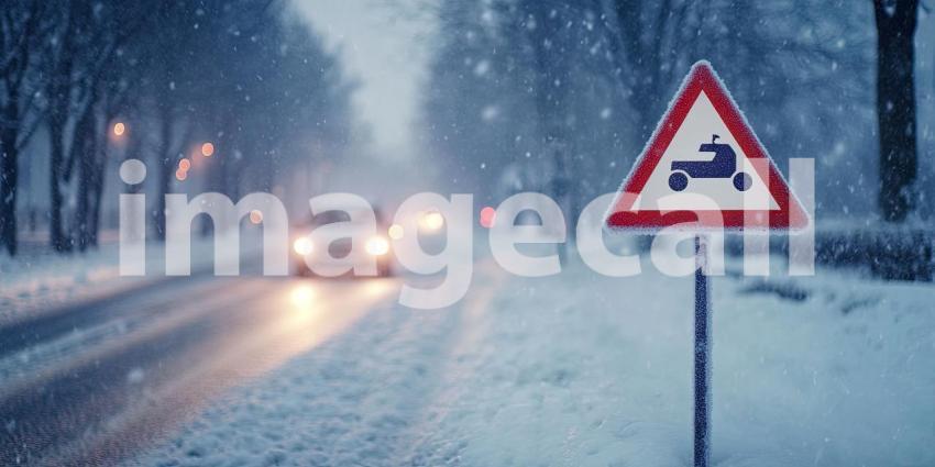 Solitude and Caution: A Pedestrian Navigates a Snowy Road in a Vast Winter Landscape