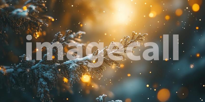 Enchanting Winter Scene with Twinkling Lights and Snow-Dusted Branches