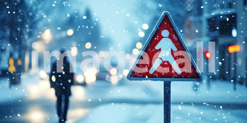 Solitude and Caution: A Pedestrian Navigates a Snowy Road in a Vast Winter Landscape
