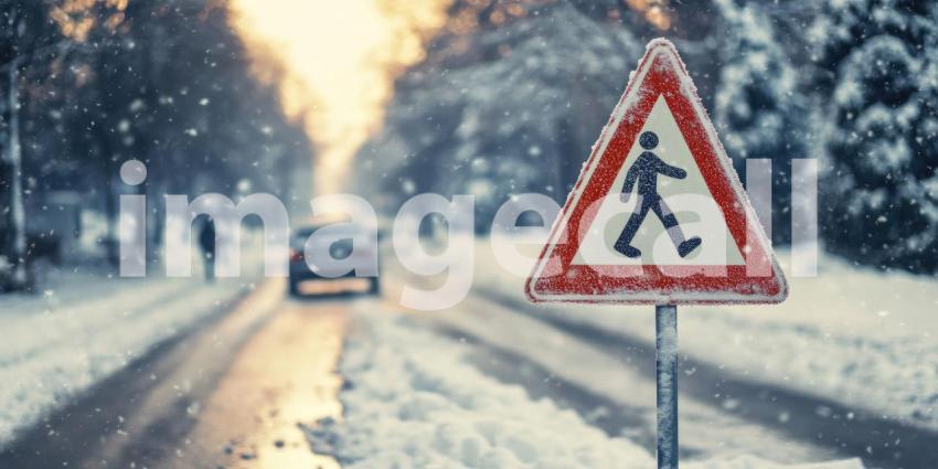 Solitude and Caution: A Pedestrian Navigates a Snowy Road in a Vast Winter Landscape