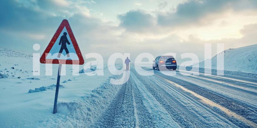Solitude and Caution: A Pedestrian Navigates a Snowy Road in a Vast Winter Landscape