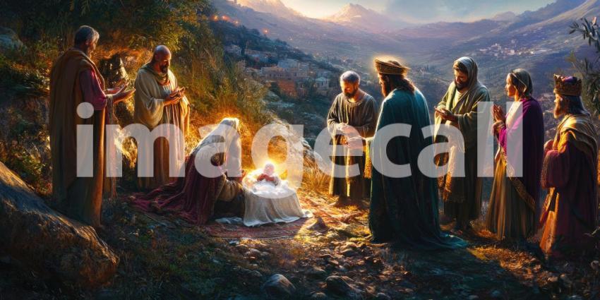 Nativity Scene at Dusk with the Adoration of the Magi: Baby in Manger Surrounded by Reverent Figures in a Mountainous Landscape