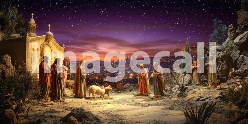 Nativity Scene at Dusk with the Adoration of the Magi: Baby in Manger Surrounded by Reverent Figures in a Mountainous Landscape