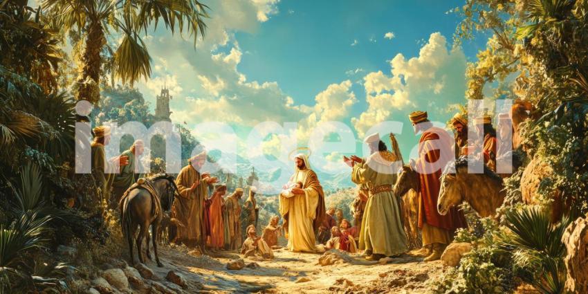 Nativity Scene at Dusk with the Adoration of the Magi: Baby in Manger Surrounded by Reverent Figures in a Mountainous Landscape