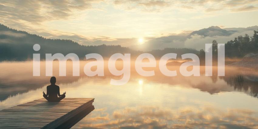 Breathtaking scene: a person in a meditative pose on a wooden dock, overlooking a serene lake with a stunning sunset