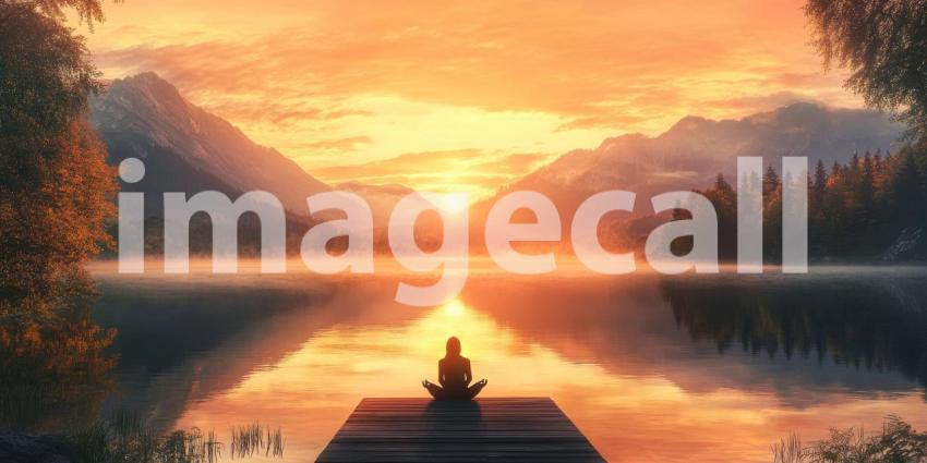 Breathtaking scene: a person in a meditative pose on a wooden dock, overlooking a serene lake with a stunning sunset