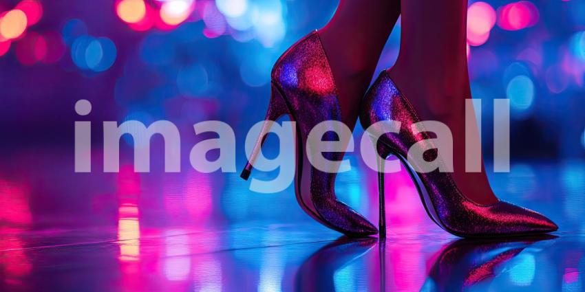 Elegant High-Heeled Shoes with Glittery Finish: Stylish Footwear in a Vibrant, Colorful Setting with Reflective Surface