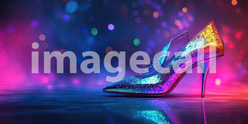 Elegant High-Heeled Shoes with Glittery Finish: Stylish Footwear in a Vibrant, Colorful Setting with Reflective Surface