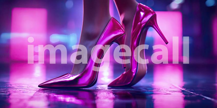 Elegant High-Heeled Shoes with Glittery Finish: Stylish Footwear in a Vibrant, Colorful Setting with Reflective Surface