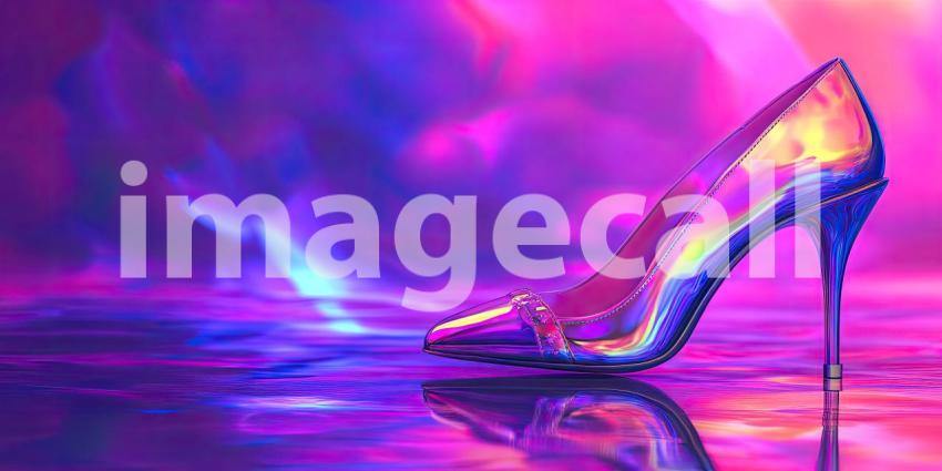 Elegant High-Heeled Shoes with Glittery Finish: Stylish Footwear in a Vibrant, Colorful Setting with Reflective Surface