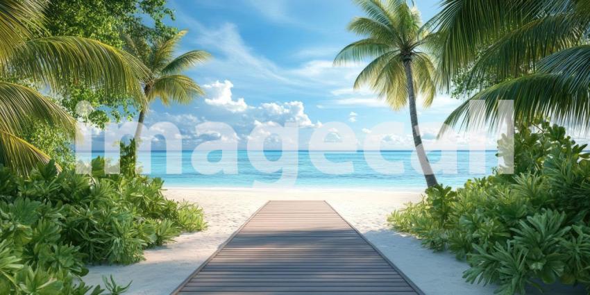 Paradise Awaits: A Serene Beachscape with a Wooden Dock