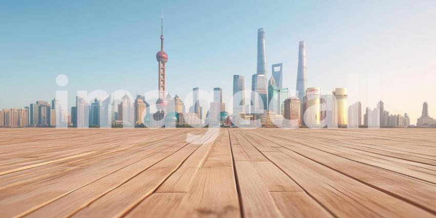 Shanghai Skyline at Dawn: A Wooden Deck Perspective