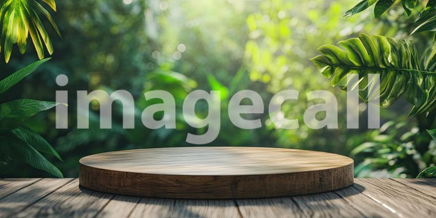 Lush Jungle Oasis: A Wooden Platform Nestled Amongst Vibrant Foliage