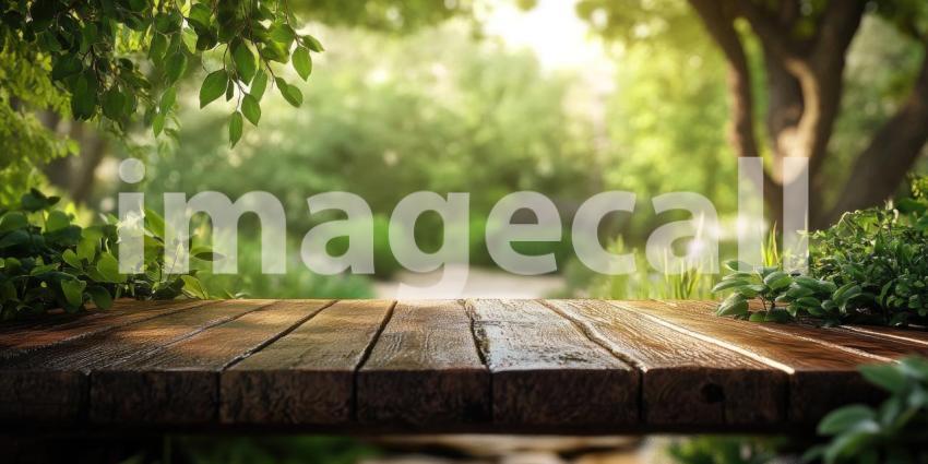 Tranquil Garden View: Wooden Tabletop with Lush Greenery Background