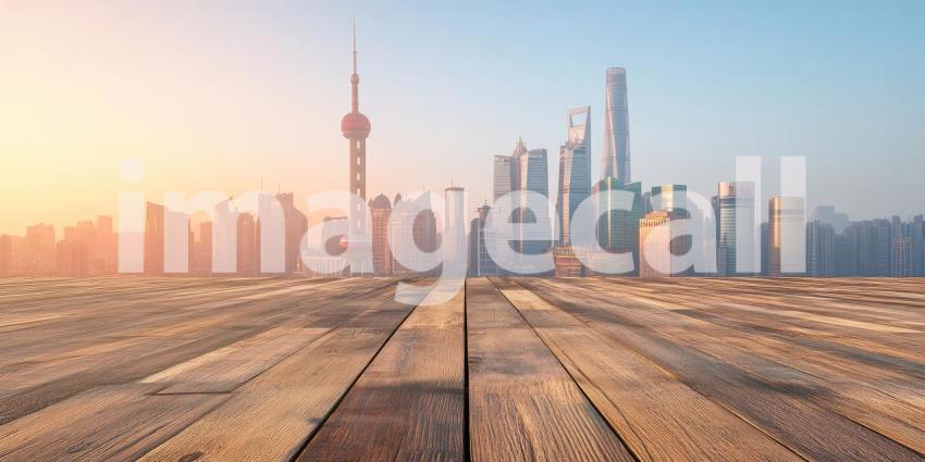 Shanghai Skyline at Dawn: A Wooden Deck Perspective