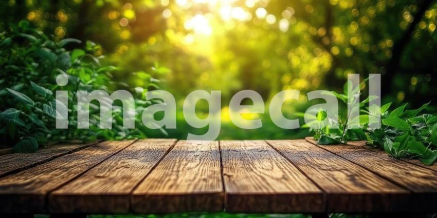 Tranquil Garden View: Wooden Tabletop with Lush Greenery Background