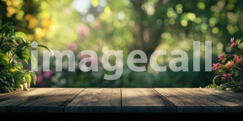 Tranquil Garden View: Wooden Tabletop with Lush Greenery Background