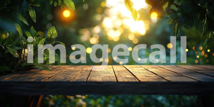 Tranquil Garden View: Wooden Tabletop with Lush Greenery Background