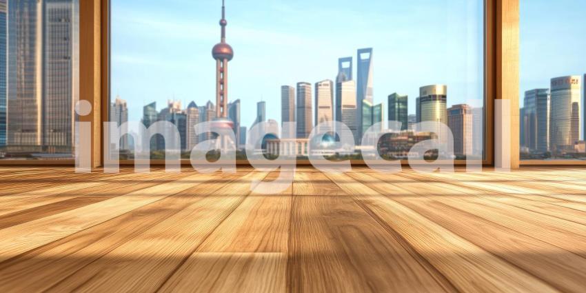 Shanghai Skyline at Dawn: A Wooden Deck Perspective