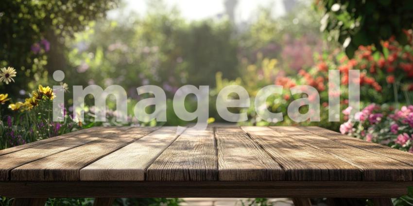 Tranquil Garden View: Wooden Tabletop with Lush Greenery Background
