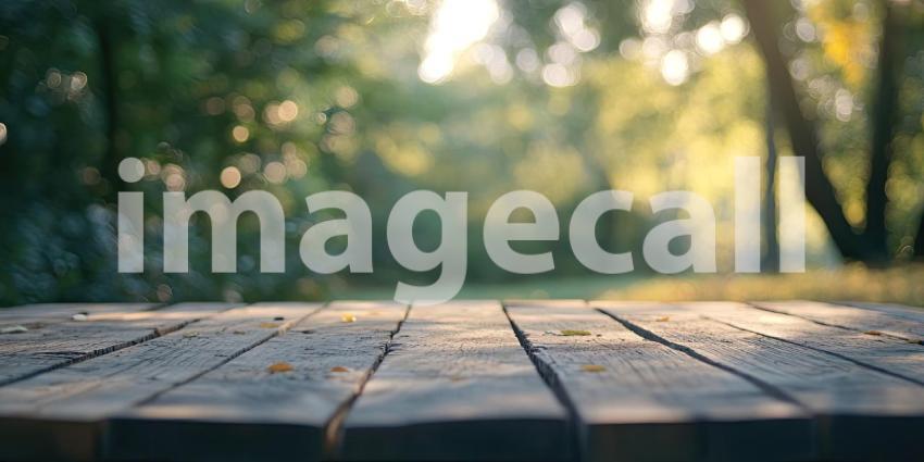 Tranquil Garden View: Wooden Tabletop with Lush Greenery Background