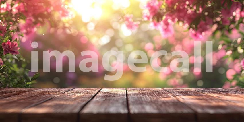 Tranquil Garden View: Wooden Tabletop with Lush Greenery Background