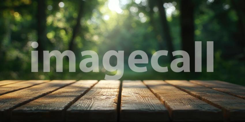 Tranquil Garden View: Wooden Tabletop with Lush Greenery Background