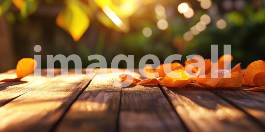 Autumnal Delight: Fresh Oranges on a Wooden Table with Falling Leaves and Raindrops