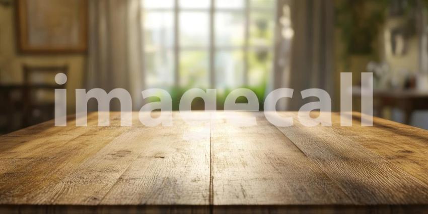Tranquil Garden View: Wooden Tabletop with Lush Greenery Background