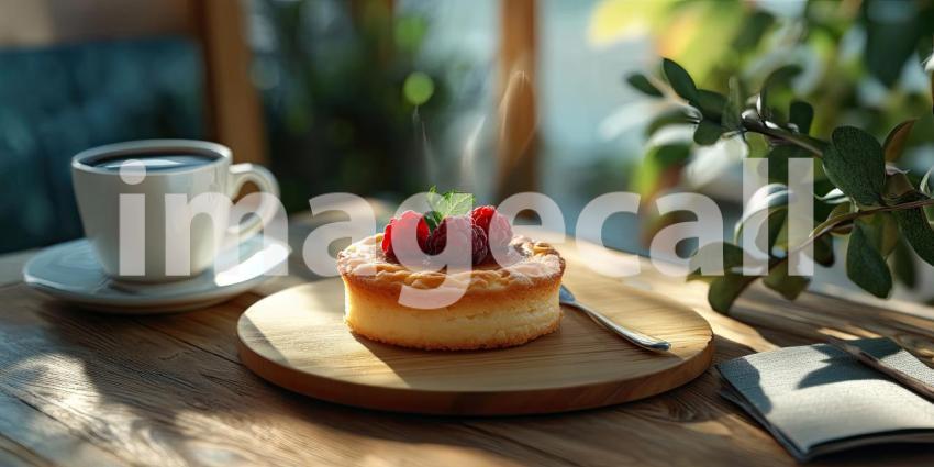 Raspberry Delight: A Tart with Fresh Berries and a Cup of Coffee