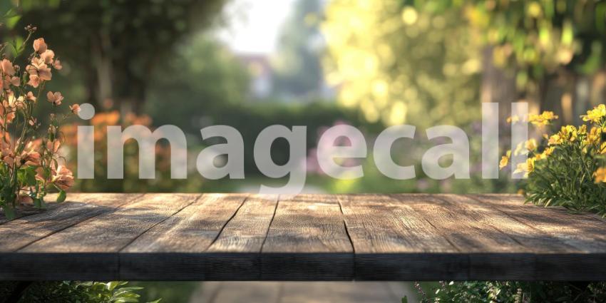 Tranquil Garden View: Wooden Tabletop with Lush Greenery Background
