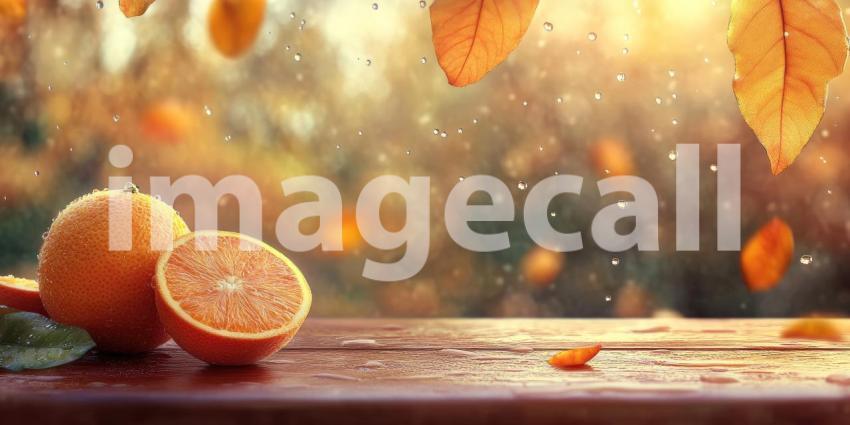 Autumnal Delight: Fresh Oranges on a Wooden Table with Falling Leaves and Raindrops