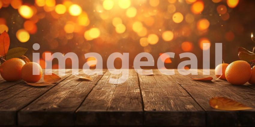 Autumnal Delight: Fresh Oranges on a Wooden Table with Falling Leaves and Raindrops